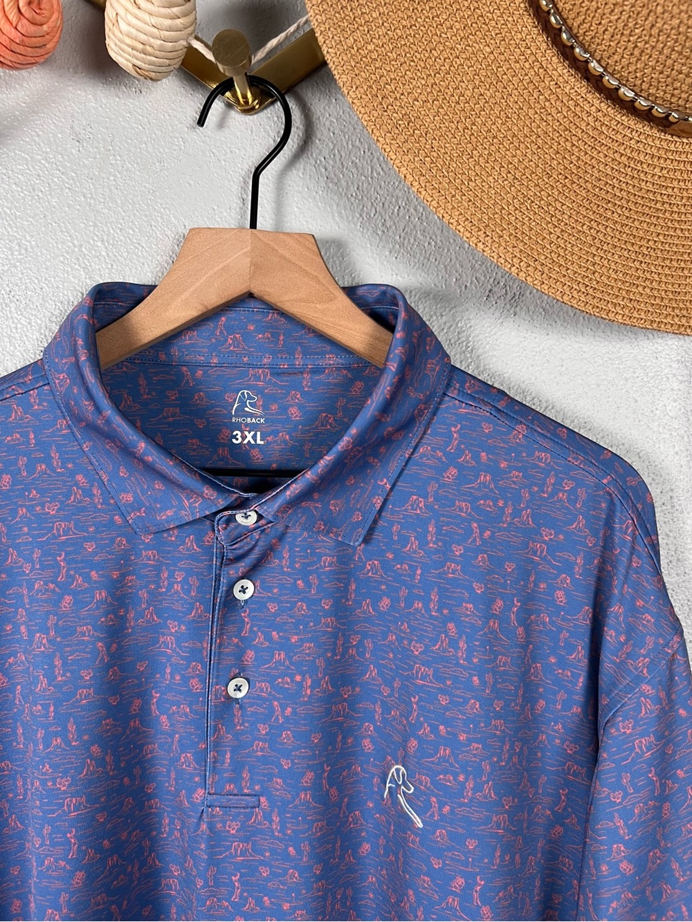 Rhoback Performance Golf Polo Blue Arizona Desert Cactus Southwest Print 3XL